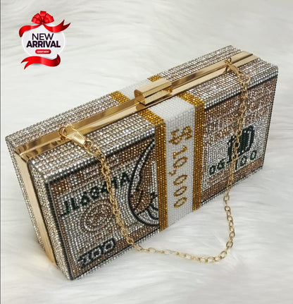 New Dollar Clutch with Golden Handle & Long Chain - Stylish and Spacious 2024