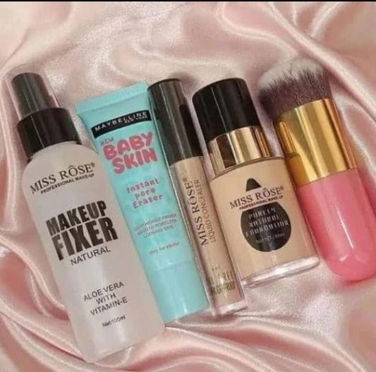 Complete Makeup Set: Miss Rose Foundation, Baby Skin Primer, Concealer, Fixer & Brush