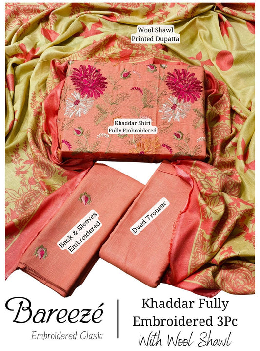 Bareeze Fully Embroidered Slub Khaddar 3-Piece Set with Printed Wool Shawl - Winter Collection 2024/2025"