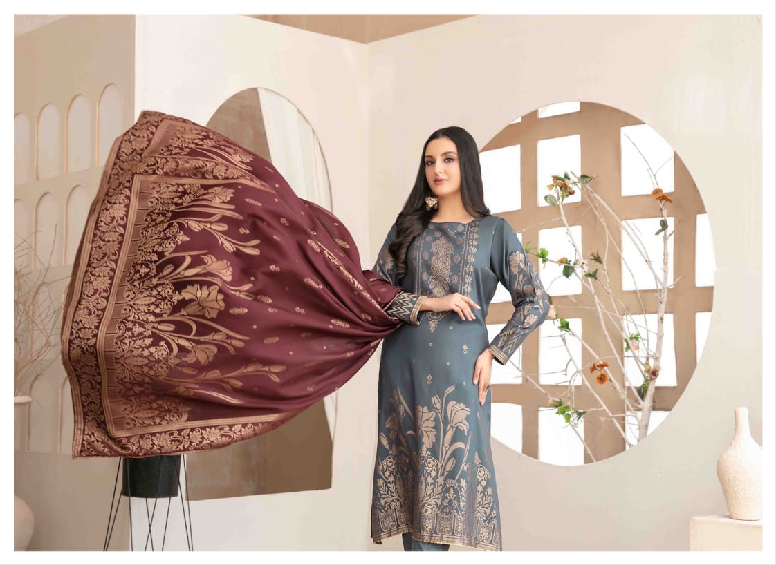 UMNIA Zari Broshia Banarsi 3pc Unstitched Collection 2024 – Broshia Jacquard Cottel Linen Shirt, Banarsi Dupatta & Dyed Linen Shalwar