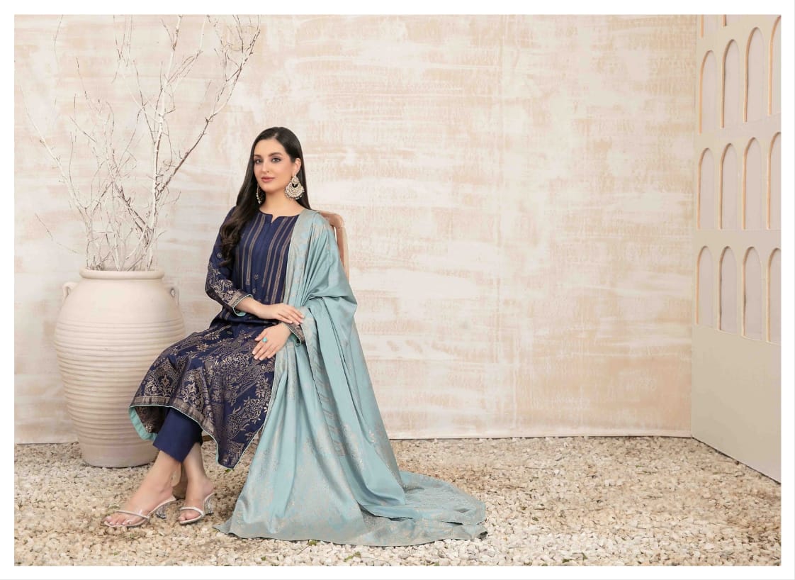 UMNIA Zari Broshia Banarsi 3pc Unstitched Collection 2024 – Broshia Jacquard Cottel Linen Shirt, Banarsi Dupatta & Dyed Linen Shalwar