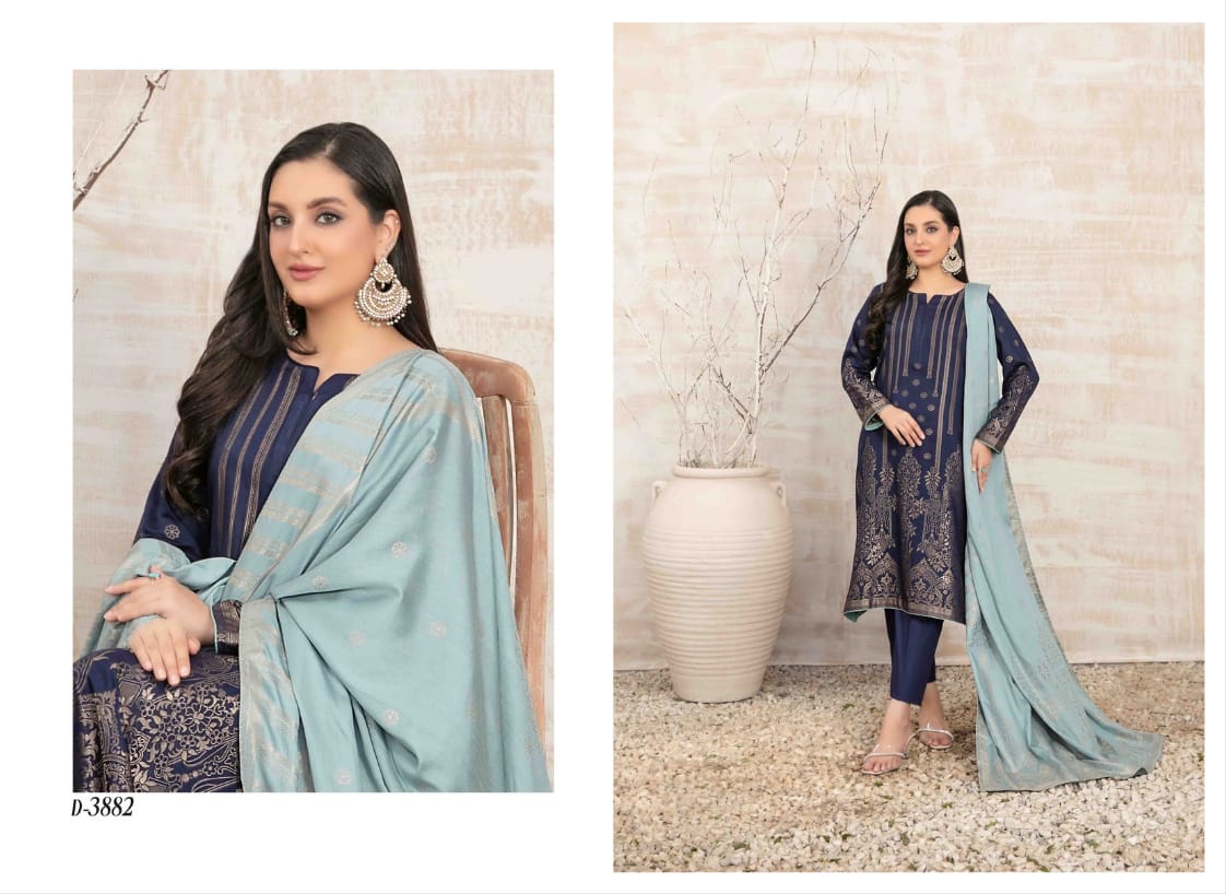 UMNIA Zari Broshia Banarsi 3pc Unstitched Collection 2024 – Broshia Jacquard Cottel Linen Shirt, Banarsi Dupatta & Dyed Linen Shalwar