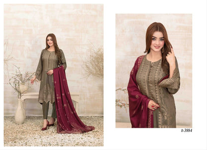 UMNIA Zari Broshia Banarsi 3pc Unstitched Collection 2024 – Broshia Jacquard Cottel Linen Shirt, Banarsi Dupatta & Dyed Linen Shalwar