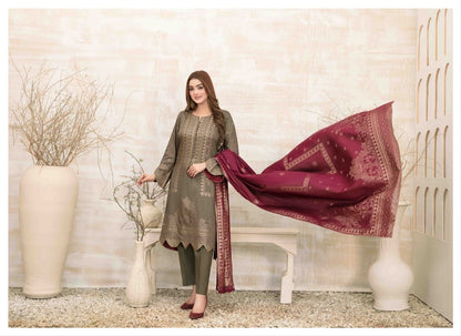 UMNIA Zari Broshia Banarsi 3pc Unstitched Collection 2024 – Broshia Jacquard Cottel Linen Shirt, Banarsi Dupatta & Dyed Linen Shalwar