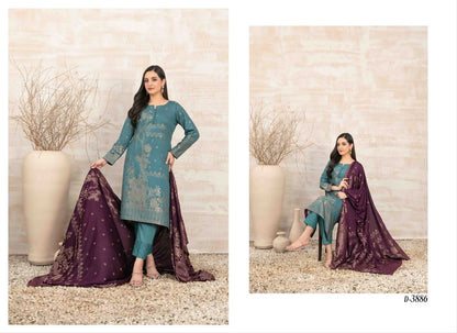 UMNIA Zari Broshia Banarsi 3pc Unstitched Collection 2024 – Broshia Jacquard Cottel Linen Shirt, Banarsi Dupatta & Dyed Linen Shalwar