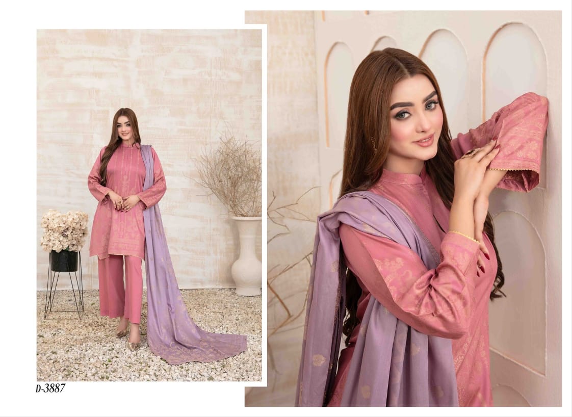 UMNIA Zari Broshia Banarsi 3pc Unstitched Collection 2024 – Broshia Jacquard Cottel Linen Shirt, Banarsi Dupatta & Dyed Linen Shalwar