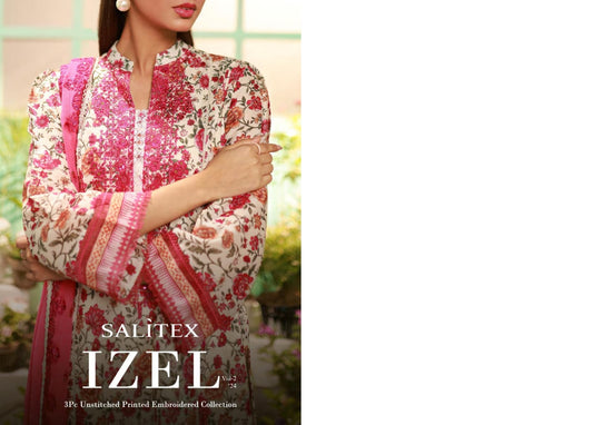 Flat 25% Off – IZEL Vol-II by Salitex® 3pcs Digital Printed & Embroidered Cambric Collection 2024 – Heavy Embroidered Shirt, Dyed Chiffon Dupatta, & Cambric Trousers