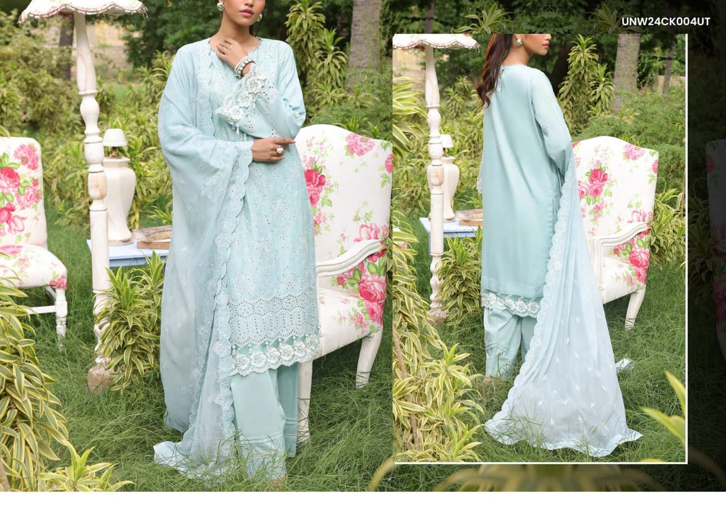 Flat 20% Discount Sale – Chikankari Vol-II by Salitex® 3pcs Dyed Embroidered Cambric Collection 2024 – Embroidered Cambric Shirt, Trousers & Chiffon Dupatta