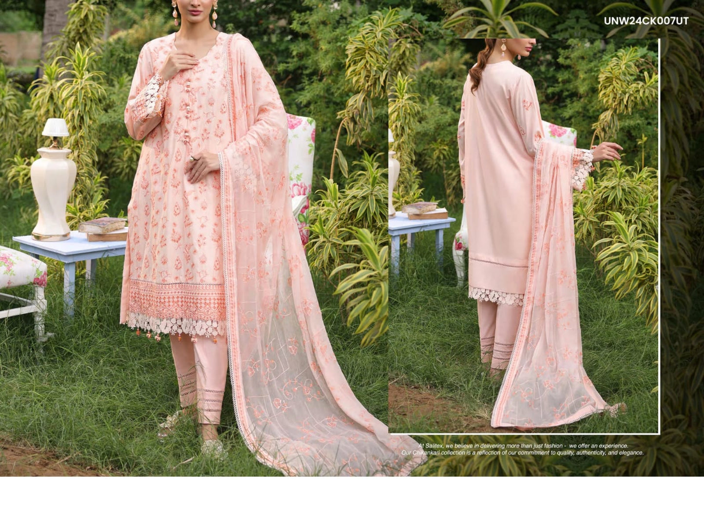 Flat 20% Discount Sale – Chikankari Vol-II by Salitex® 3pcs Dyed Embroidered Cambric Collection 2024 – Embroidered Cambric Shirt, Trousers & Chiffon Dupatta