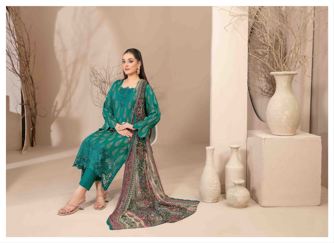 Banah Printed & Embroidered Lawn Collection 2024 – 3 Piece Unstitched Lawn Suit with Embroidered Shirt, Printed Dupatta, & Shalwar